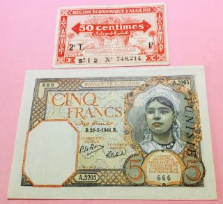 1941 Tunisia 5 Franc Banknote & 50 Cent Algeria Note.
