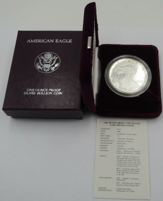 1986 American Silver Eagle 1 Oz Silver Proof Coin,  Sleeve & 197