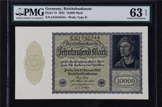 1922 Germany Reichsbanknote 10000 Mark Pick 72 Pmg 63 Epq Choice Unc