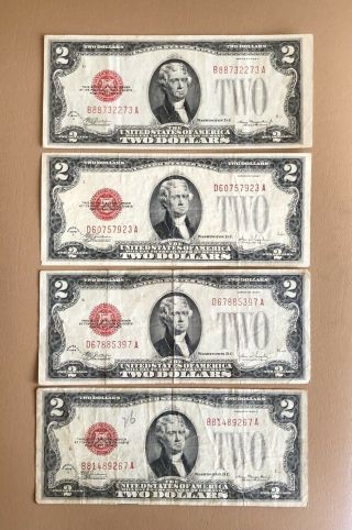 4 - 1928 $2 United States Notes.  Red Seal