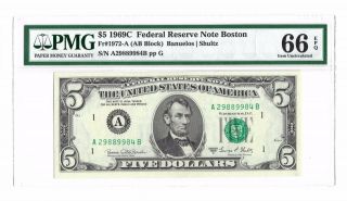 1969c $5 Boston Frn,  Pmg Gem Uncirculated 66 Epq Banknote