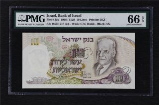 1968 Israel Bank Of Israel 10 Lirot Pick 35a Pmg 66 Epq Gem Unc