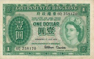 Government Of Hong Kong Hong Kong $1 1959 Good Vf