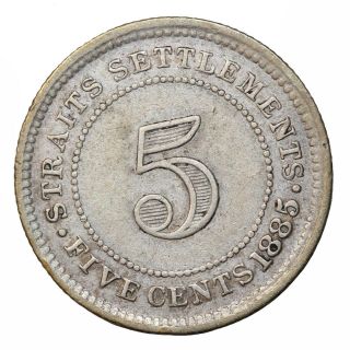 1885 British Straits Settlements Silver Five 5 Cents Queen Victoria KM 10 2