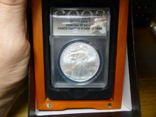 2008 $1 American Silver Eagle Anacs Ms70 First Day Of Issue W/ Wooden Box