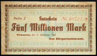 Pirmasens 1923 5 Million Mark Inflation Notgeld German Banknote