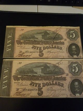 1864 Uncirculated Confederate Currency 2 - 5 Dollar Notes Near Consecutive Serial