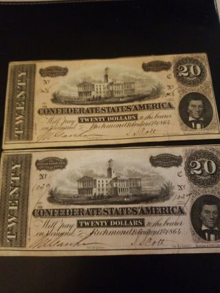 1864 2 Uncirculated 20 Dollar Consecutive Serial Numbers 1026,  1029