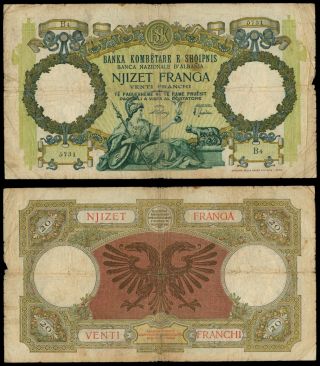 Ze.  008} Albania 20 Franga Nd (1939) / Wwii Italian Occupation / F