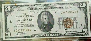 $20 Bill Federal Resrve Bank Of San Francisco National Currency Bank Note,