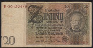 1929 20 Reichsmark Germany Vintage Nazi Old Paper Money Banknote Currency Vf