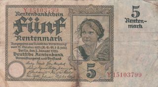 5 Rentenmark Vg Banknote From Germany 1926 Pick - 169