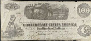 $100 1862 Richmond Virginia Civil War Era Confederate Currency Bank Note Bill