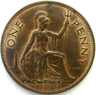 Great Britain Uk Coins,  One Penny 1939,  George Vi