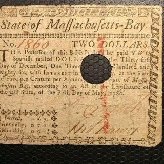 1780 Massachusetts $2dollar Colonial Note,  Cancellation - Solid Rarity
