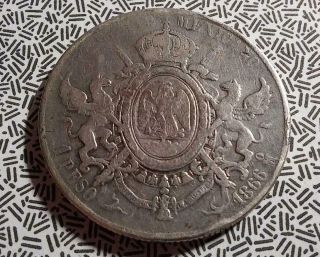 Mexico - 1866 Mo Silver Peso - Maximillian - Old Cleaning/nicks - Vg - Fine