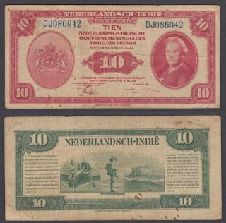 Netherlands Indies 10 Gulden 1943 (f - Vf) Banknote P - 114