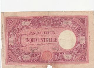 500 Lire Vg Banknote From Italy 1943 Pick - 70