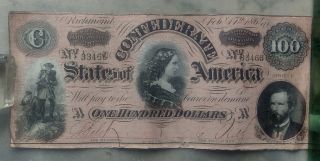 1864 Confederate States Of America One Hundred $100 Dollar Bill