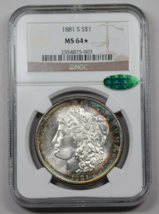 1881 - S Morgan Dollar Ngc Ms64 Cac Pq Rainbow Rim Toned