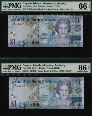 Tt Pk 38a 2010 Cayman Islands 1 Dollar Queen Elizabeth Ii Pmg 66q Gem Set Of Two