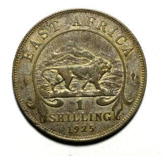 1925 East Africa Shilling W/lion | 25 Silver,  27.  8mm | King George Xf,