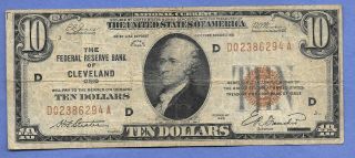 $10.  00 1929 Series " The Federal Reserve Bank Of Cleveland Ohio " Note