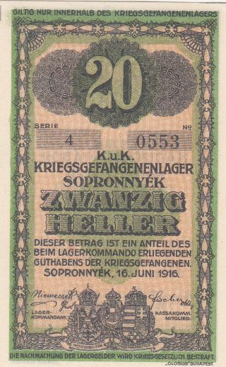20 Filler/heller Unc Prisoner Of War Camp Note From Austro - Hungary 1916