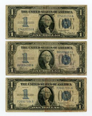 (group Of 3) 1934 Fr.  1606 $1 U.  S.  " Funnyback " Silver Certificate Notes