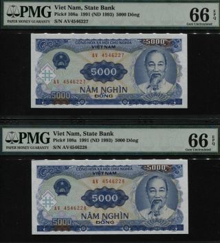 Tt Pk 108a 1991 Viet Nam 5000 Dong " Ho Chi Minh " Pmg 66 Epq Gem Unc Seq Set Of 2