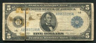 Fr.  847a 1914 $5 Five Dollars Frn Federal Reserve Note Boston,  Ma