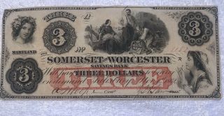 1862 3 Dollar Somerset & Worcester Savings Bank Obsolete Bank Note Great Shape