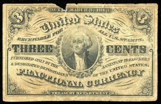 1863 U.  S.  Third Issue Three Cent 3c Fractional Currency Note Fr.  1226