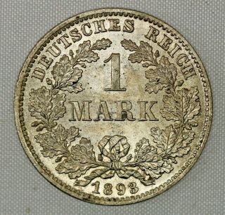 1893 Germany 1 Mark.  900 Silver Coin Wilhelm Ii