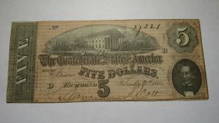 $5 1864 Richmond Virginia Confederate Currency Bank Note T69 Childrey Druggist