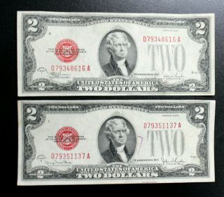 (2) 1928 F & 1928 G $2 Red Seal Legal Tender Two Dollar Crisp Ex - Fine