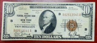 1929 $10 Federal Reserve Bank Of York Vf - Boo