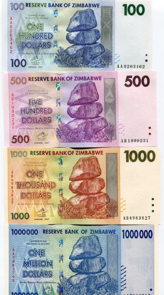 Zimbabwe Scarce 2007/8 German Printed 4 Note Set $100 To 1 Million Dollars Notes