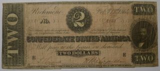 1864 Confederate States Of America $2 Banknote T - 70 Fine Apparent J P Benjamin