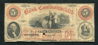 1861 $5 The Bank Of The Commonwealth Richmond,  Va Obsolete Banknote (e)