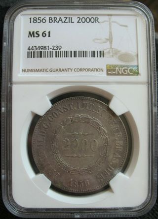 1856 Brazil Silver 2000 Reis Ngc Ms - 61