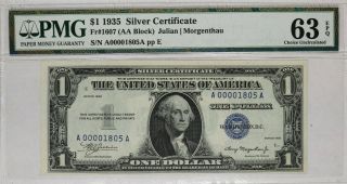 1935 $1 Silver Certificate Note Currency Aa Block Fr.  1607 Pmg Cu 63 Epq (805a)