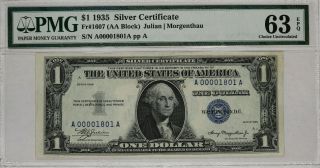 1935 $1 Silver Certificate Note Currency Aa Block Fr.  1607 Pmg Cu 63 Epq (801a)