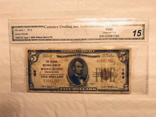 1929 $5 Type 1 The Second National Bank Of Wilkes Barre,  Pa Cga 15