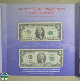 2014 AMERICA ' S FOUNDING FATHERS CURRENCY SET - $1 & $2 MATCHING SET IN FOLDER 2