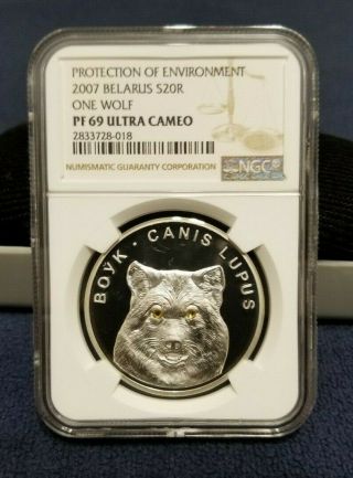 2007 Belarus Protection Of Environment One Wolf Silver 20r Coin Ngc Pf 69