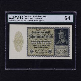 1922 Germany Reichsbanknote 10000 Mark Pick 72 Pmg 64 Choice Unc