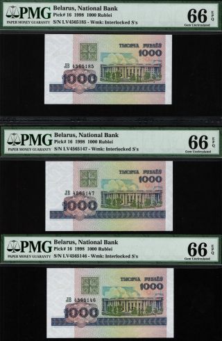 Tt Pk 16 1998 Belarus National Bank 1000 Rublei Pmg 66 Epq Gem Unc Set Of Three