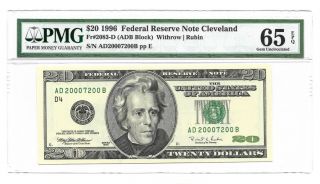 1996 $20 Cleveland Frn,  Pmg Gem Uncirculated 65 Epq Banknote