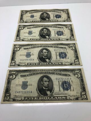 (4) Series of 1934 $5 Five Dollar Silver Certificate Blue Circulated Notes 2